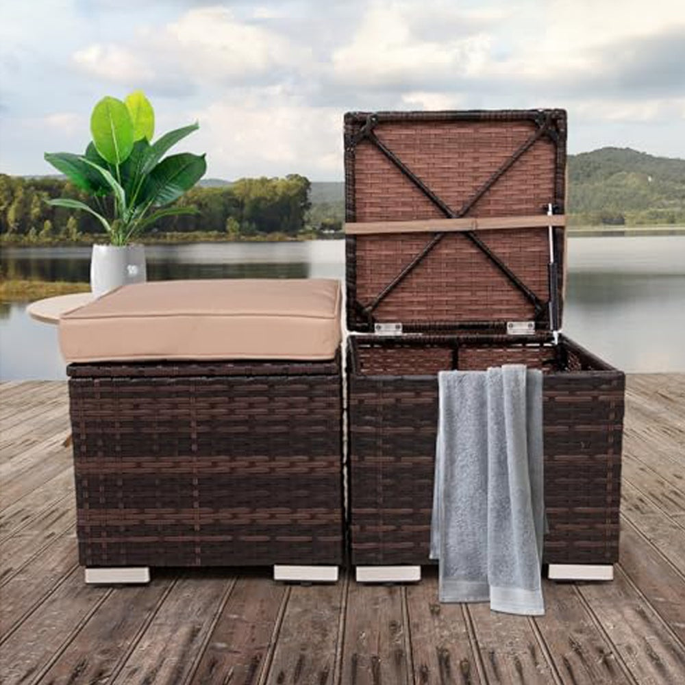 Set of 2 Wicker Outdoor Ottomans with Storage – Patio Footrest, Side Table & Extra Seating