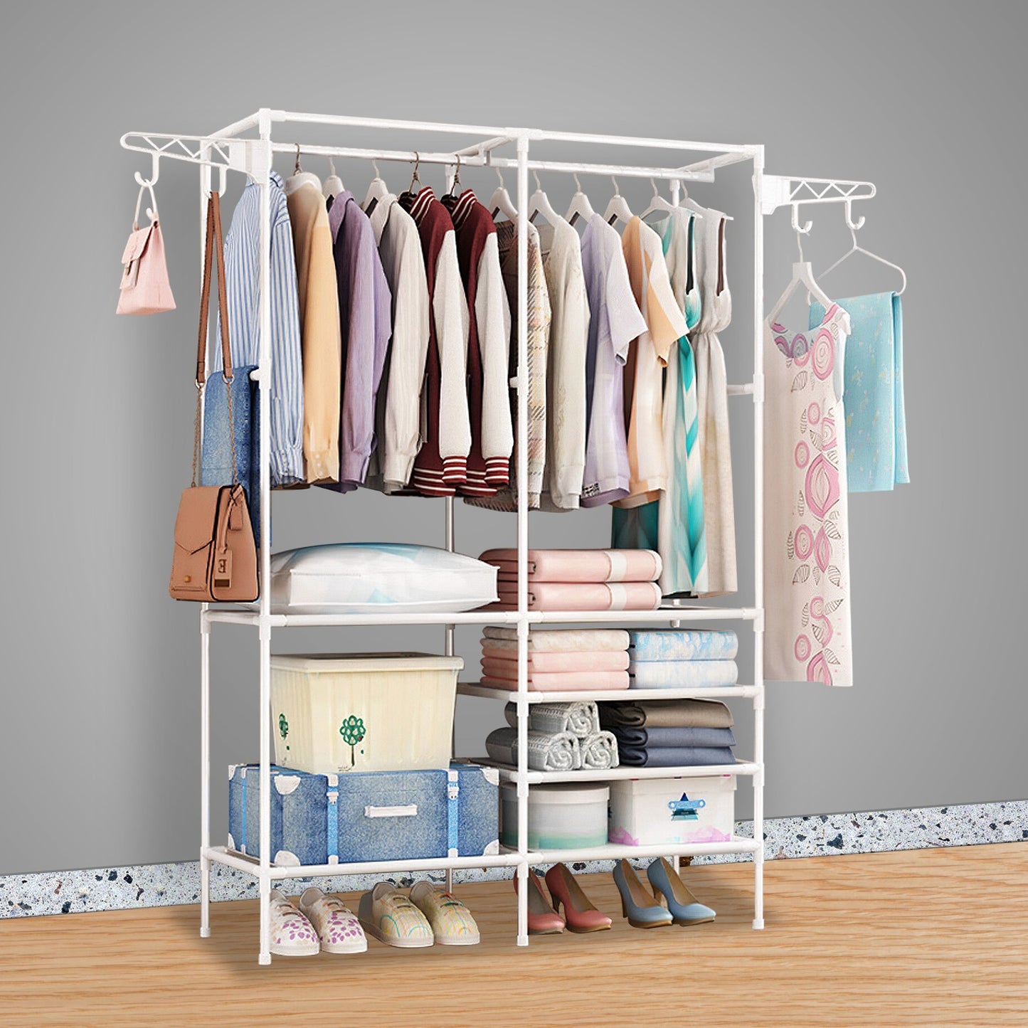 Metal Garment Rack – Freestanding Multifunctional Clothes & Shoe Organizer with Shelves