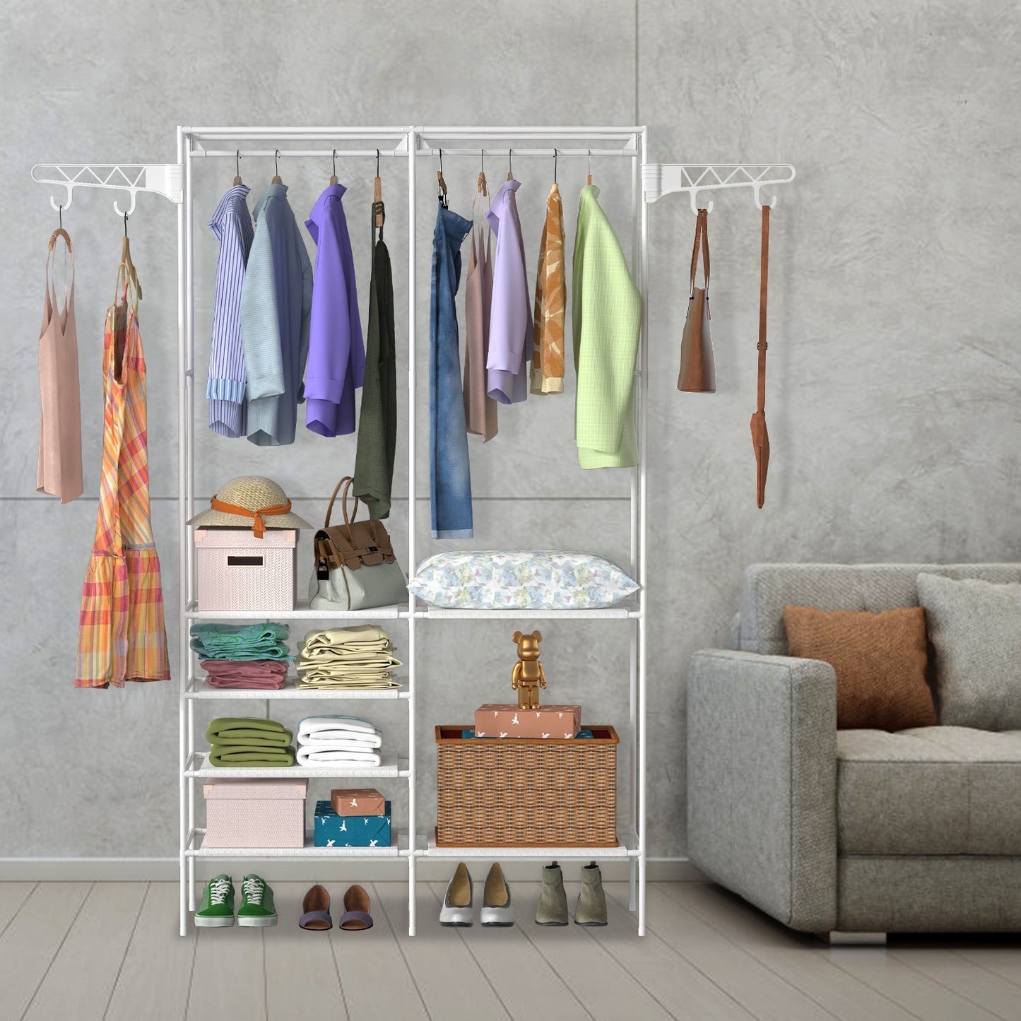 Metal Garment Rack – Freestanding Multifunctional Clothes & Shoe Organizer with Shelves