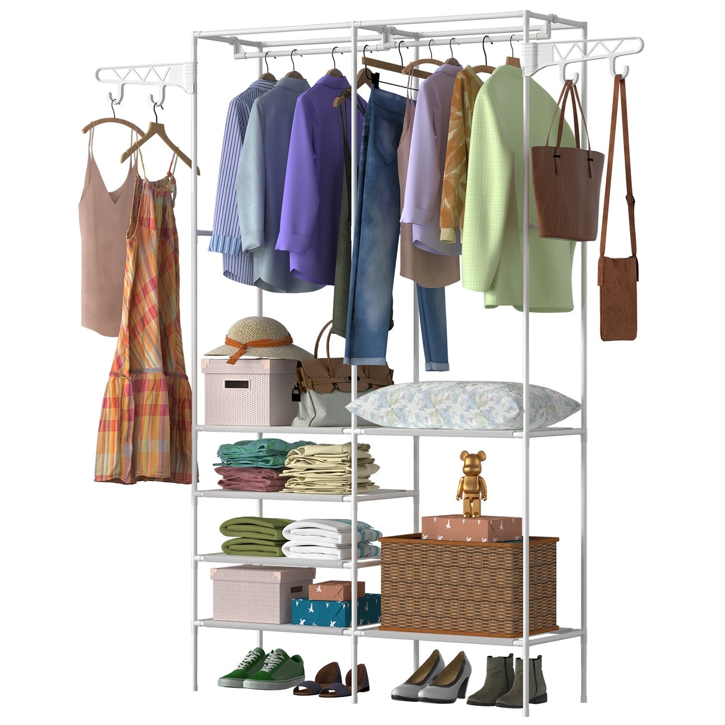 Metal Garment Rack – Freestanding Multifunctional Clothes & Shoe Organizer with Shelves
