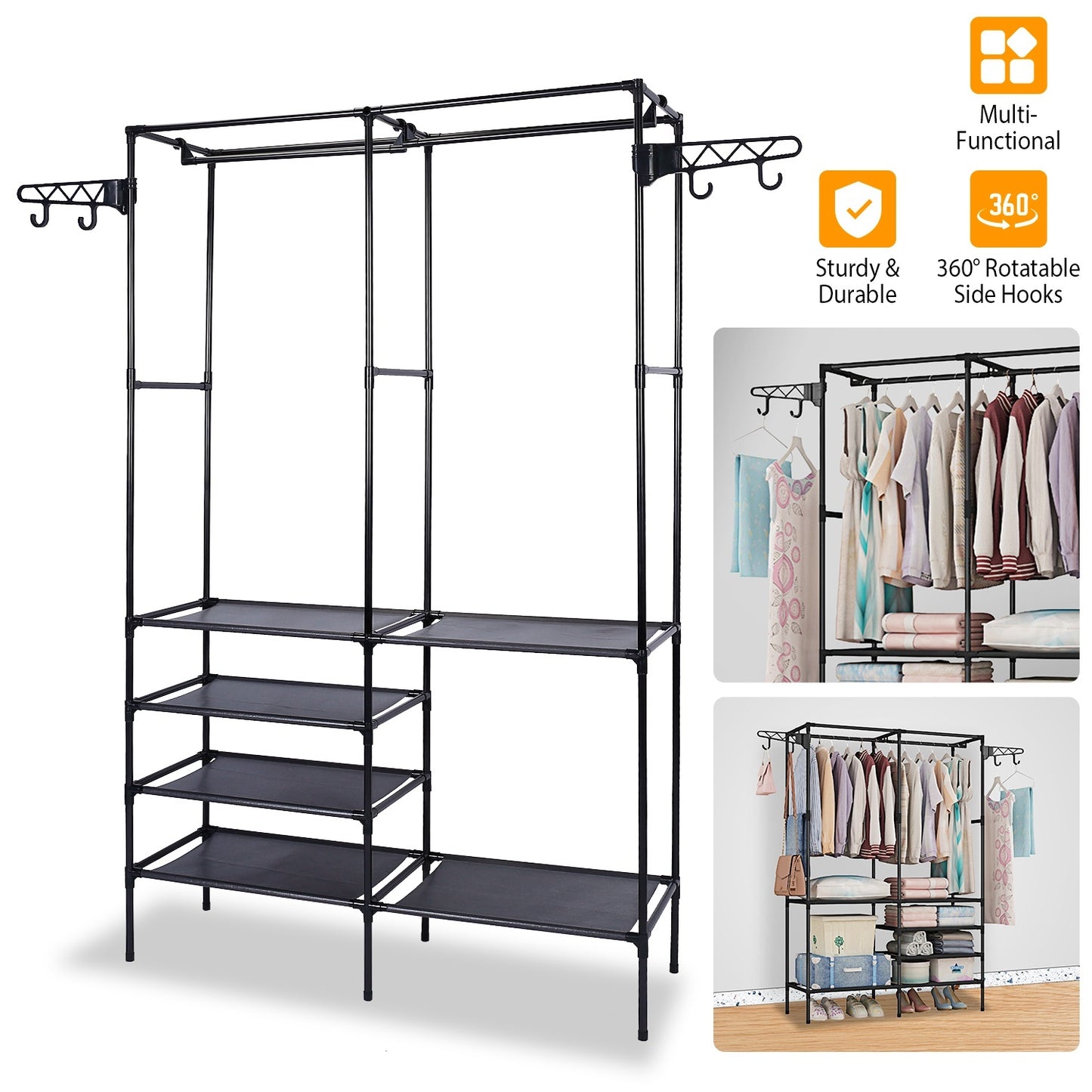 Metal Garment Rack – Freestanding Multifunctional Clothes & Shoe Organizer with Shelves