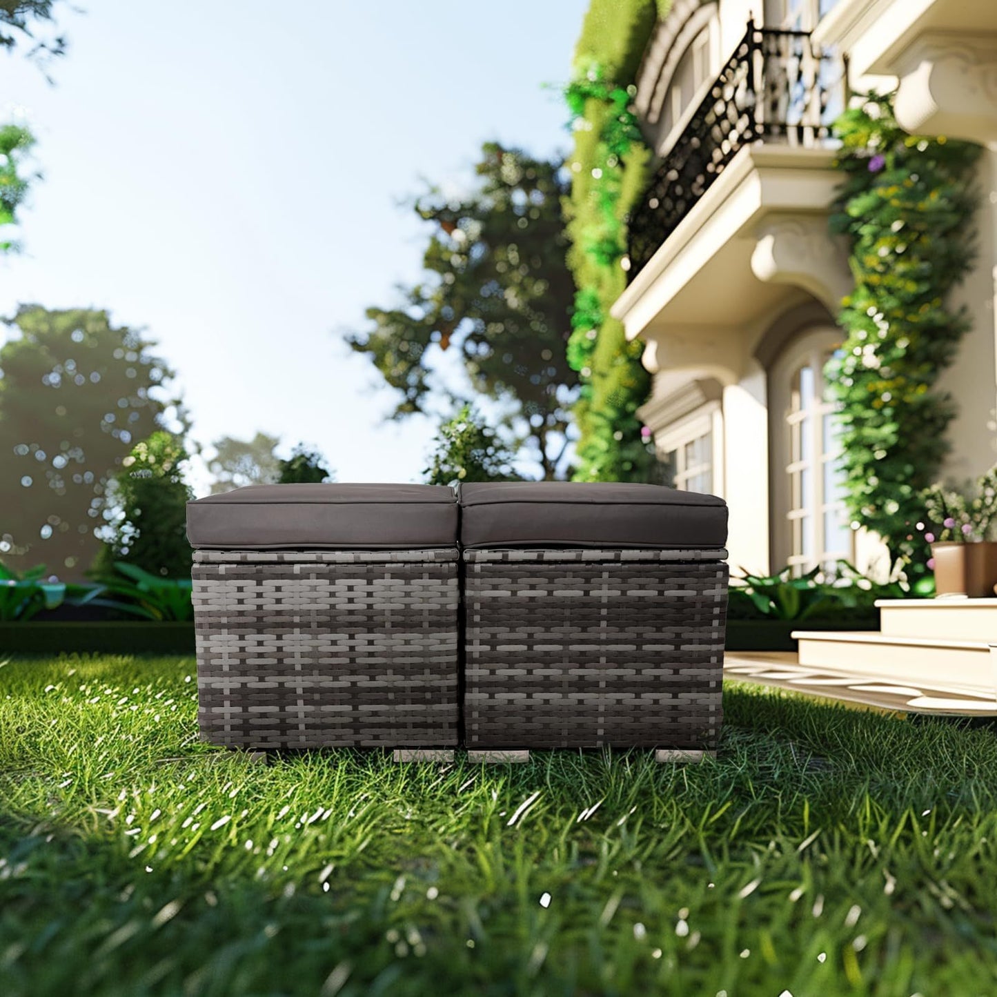 Set of 2 Wicker Outdoor Ottomans with Storage – Patio Footrest, Side Table & Extra Seating