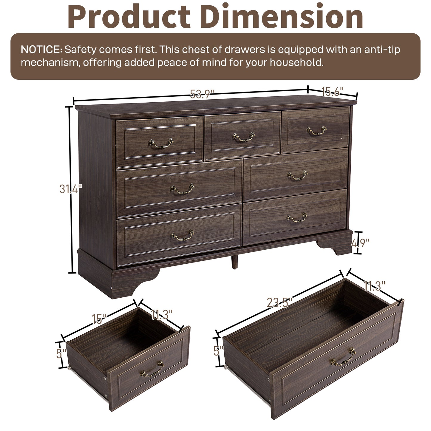 Brown P2 MDF 3-Layer 7-Drawer Chest of Drawers – 137x40x80cm, 1 Piece