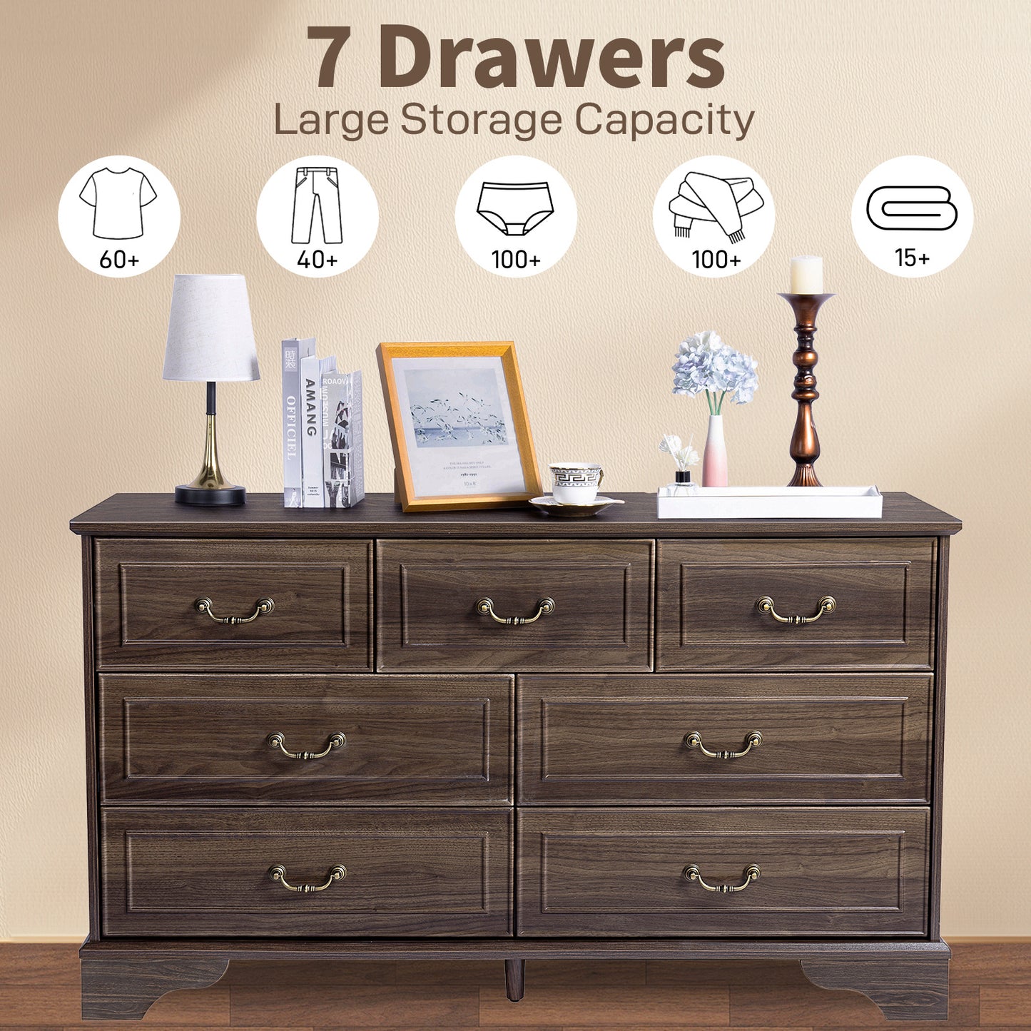 Brown P2 MDF 3-Layer 7-Drawer Chest of Drawers – 137x40x80cm, 1 Piece