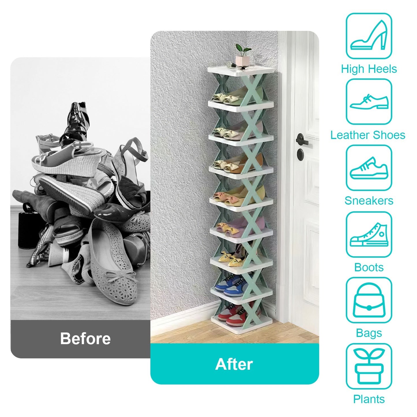 9-Tier Narrow Shoe Rack – Vertical Plastic Shoe Organizer for Entryway, Closet, or Hallway