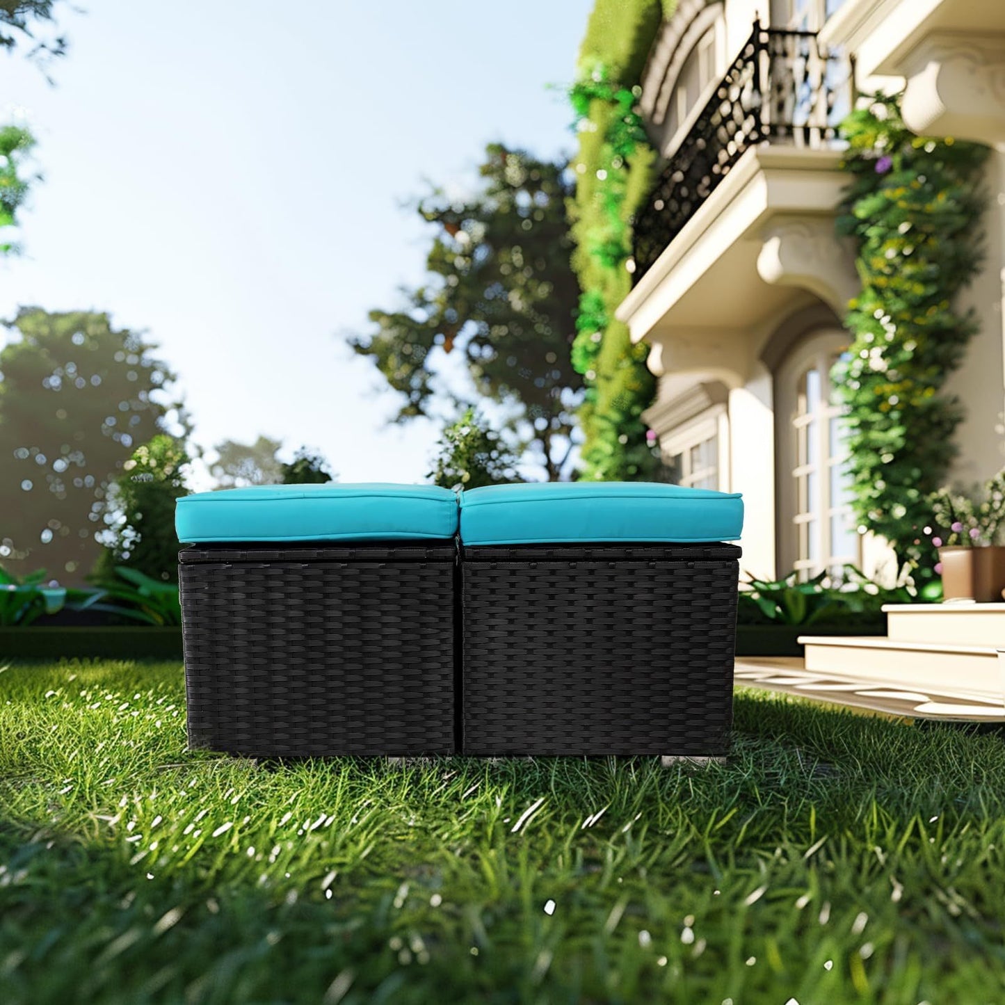 Set of 2 Wicker Outdoor Ottomans with Storage – Patio Footrest, Side Table & Extra Seating