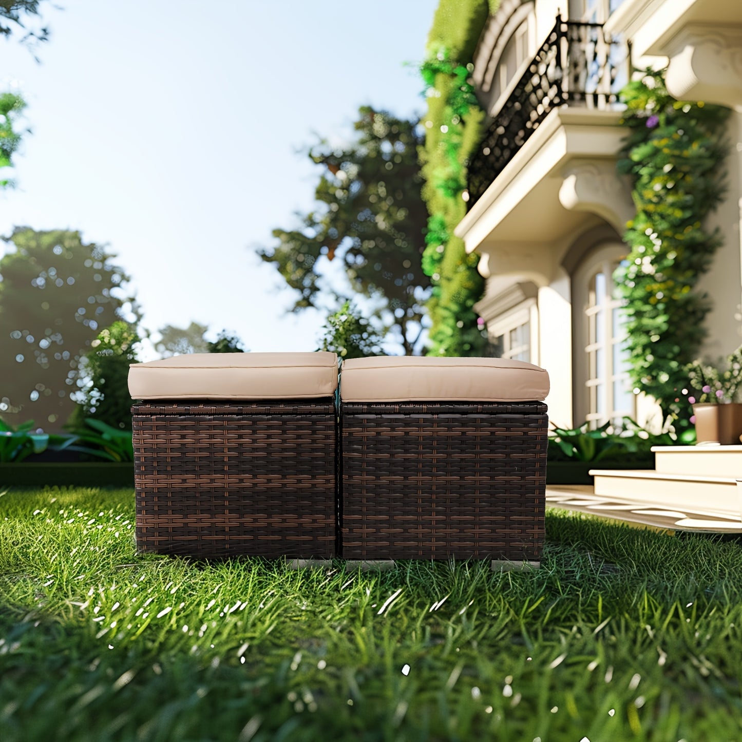 Set of 2 Wicker Outdoor Ottomans with Storage – Patio Footrest, Side Table & Extra Seating