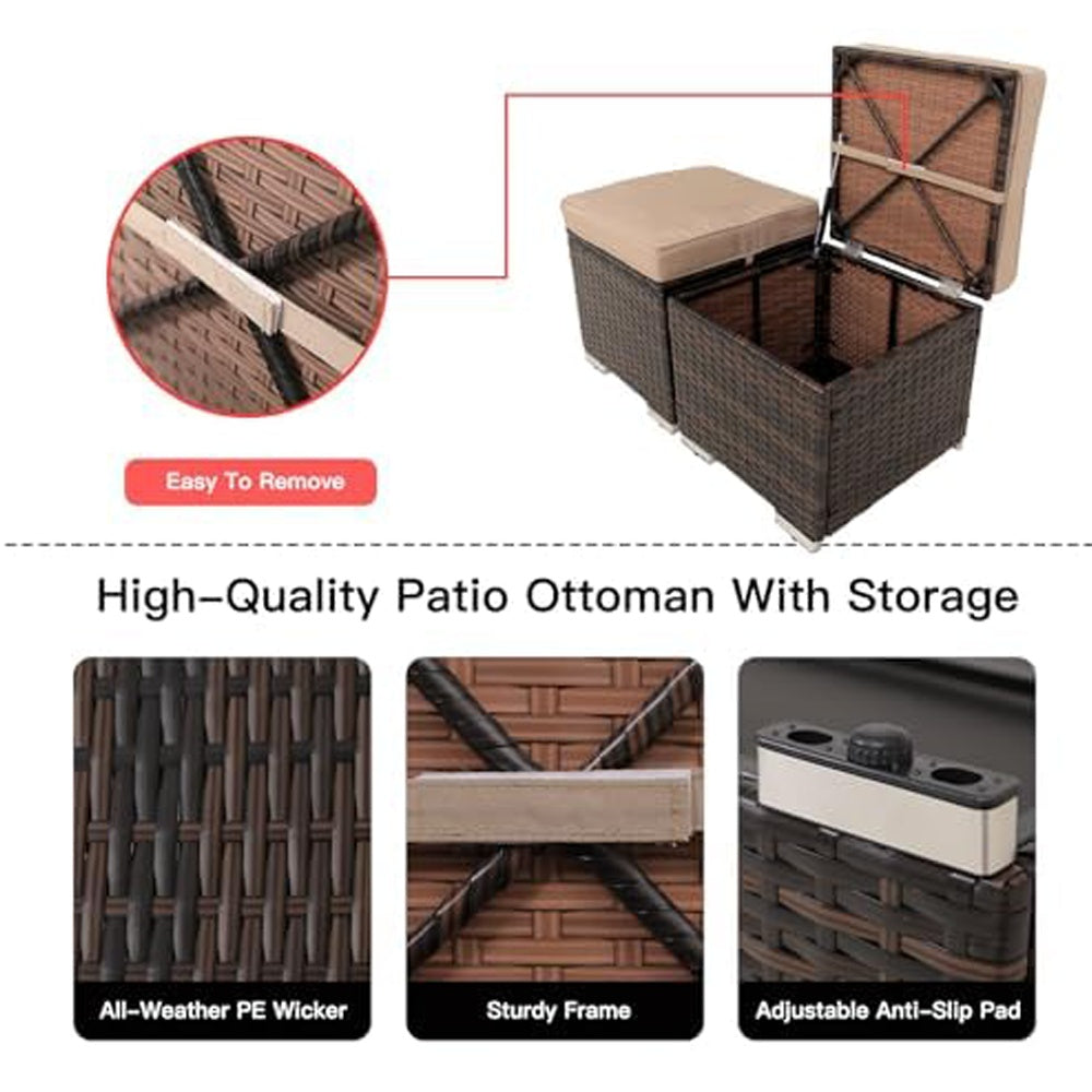 Set of 2 Wicker Outdoor Ottomans with Storage – Patio Footrest, Side Table & Extra Seating