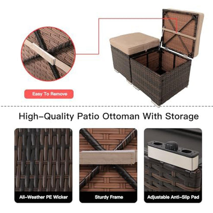 Set of 2 Wicker Outdoor Ottomans with Storage – Patio Footrest, Side Table & Extra Seating